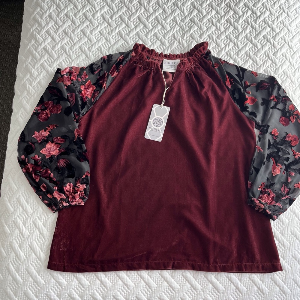 Elegant Burgundy and Black Velvet Blouse Size M